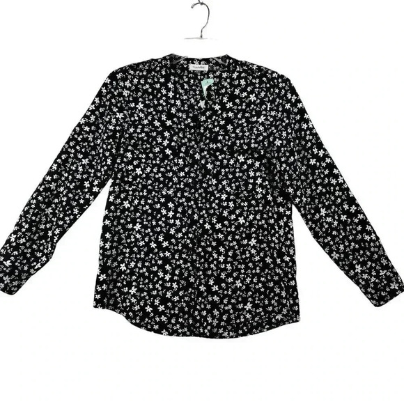 Calvin Klein Womens Blouse S Black White Floral Button Down Top Career Business - Picture 1 of 13
